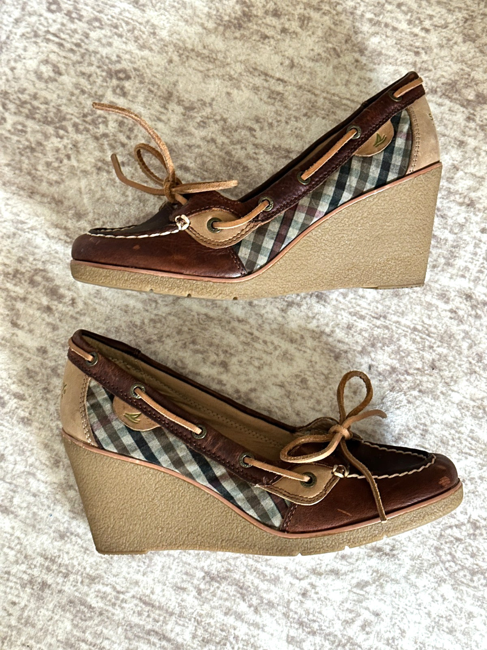 Leather Sperry Top-Sider Angelfish Wedge Boat Shoe 7 Brown Plaid Preppy Nautical
